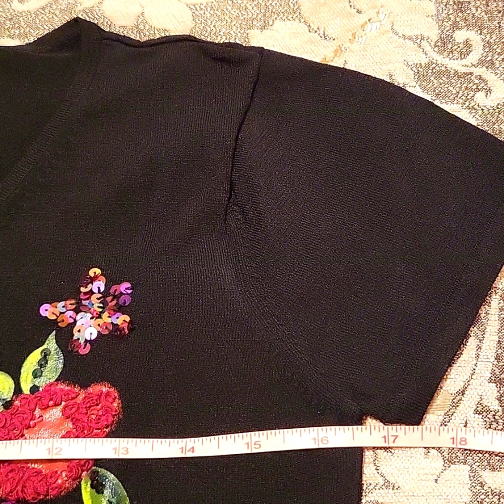 Black Sequined Embroidered Knit Top, Floral Garden Motif, *S/M - Picture 8 of 13